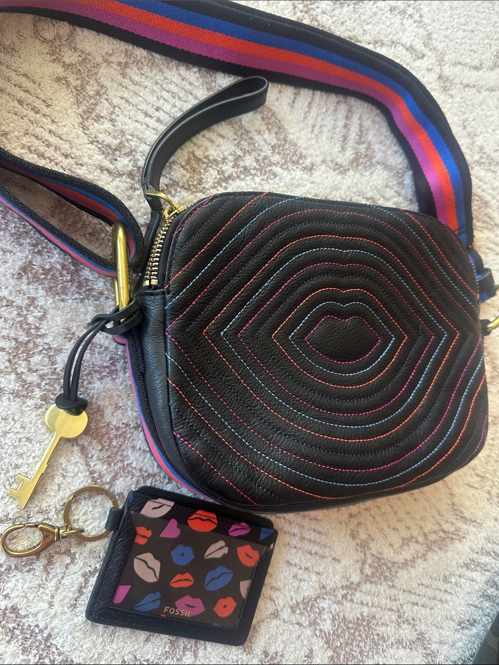 Fossil Rainbow Stitch Leather Crossbody Bag + Lips Card Holder Keychain set
